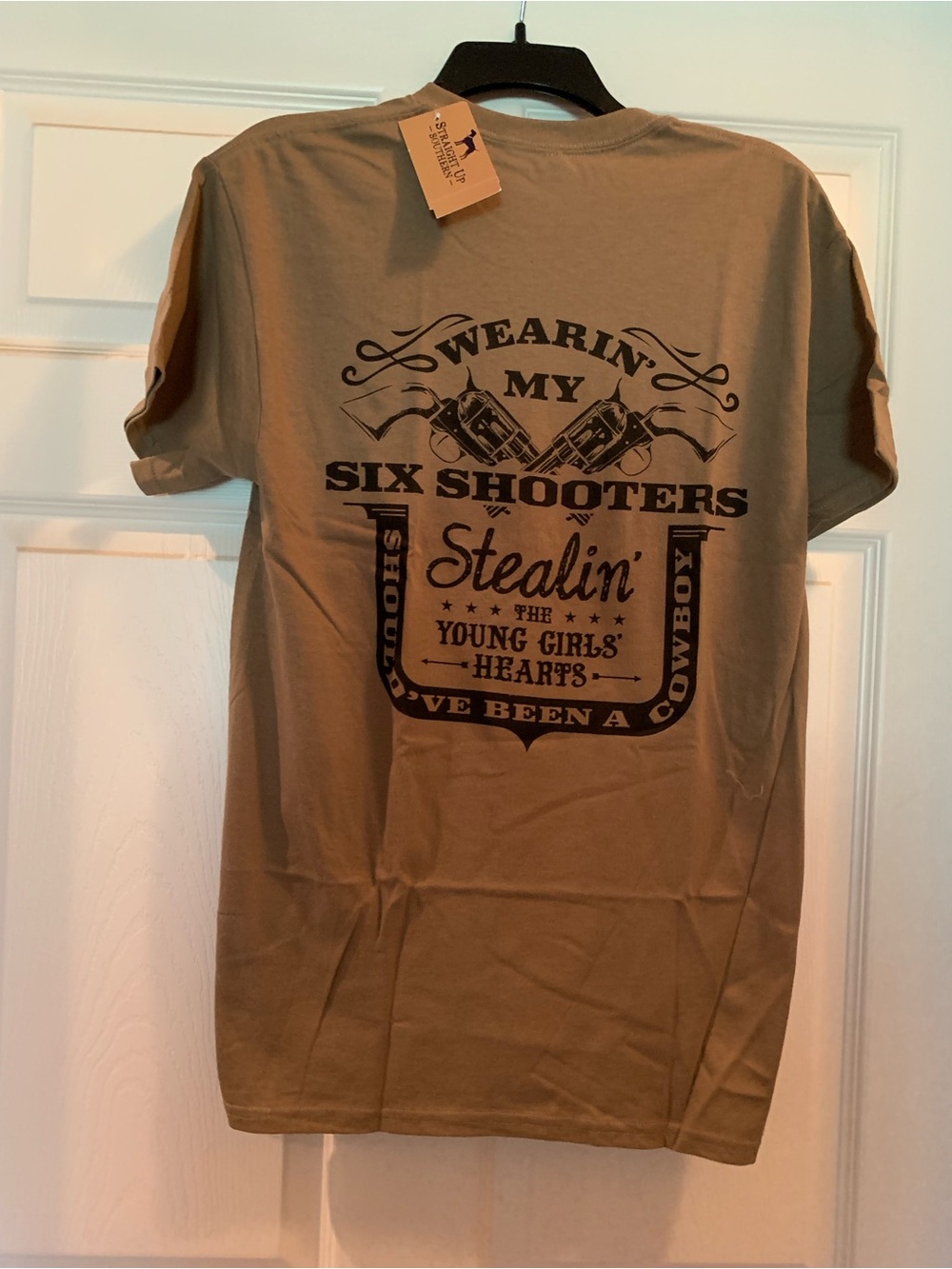 Men's Tan Graphic Tee - Six Shooters Stealin' Designt. Straight Up Southern